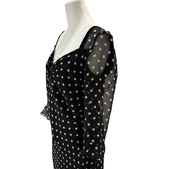 Vintage Black & White Polka Dot Midi Dress | Sheer Long Sleeve Retro Cocktail - Picture 5 of 7